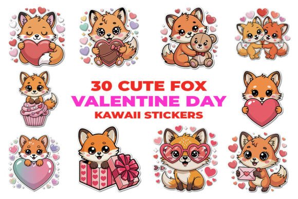 Download Kawaii Fox Valentine Day Stickers Bundle - Valentine Collection
