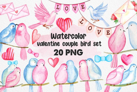 Download Watercolor Valentine Couple Bird PNG - Valentine Collection