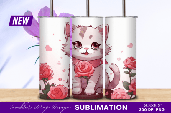 Download Cute Cat with Roses Illustration Tumbler - Premium Resources