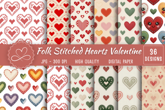 Download Folk Stitched Hearts Valentine - Valentine Collection